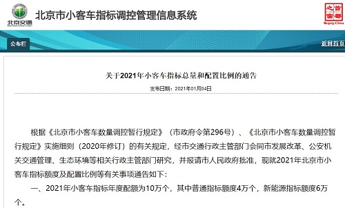 2021年北京新能源小客車指標(biāo)額度6萬個